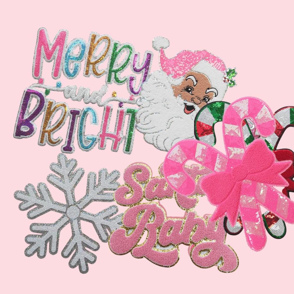 Candy Cane with Bow Sequin Chenille Holiday Patch